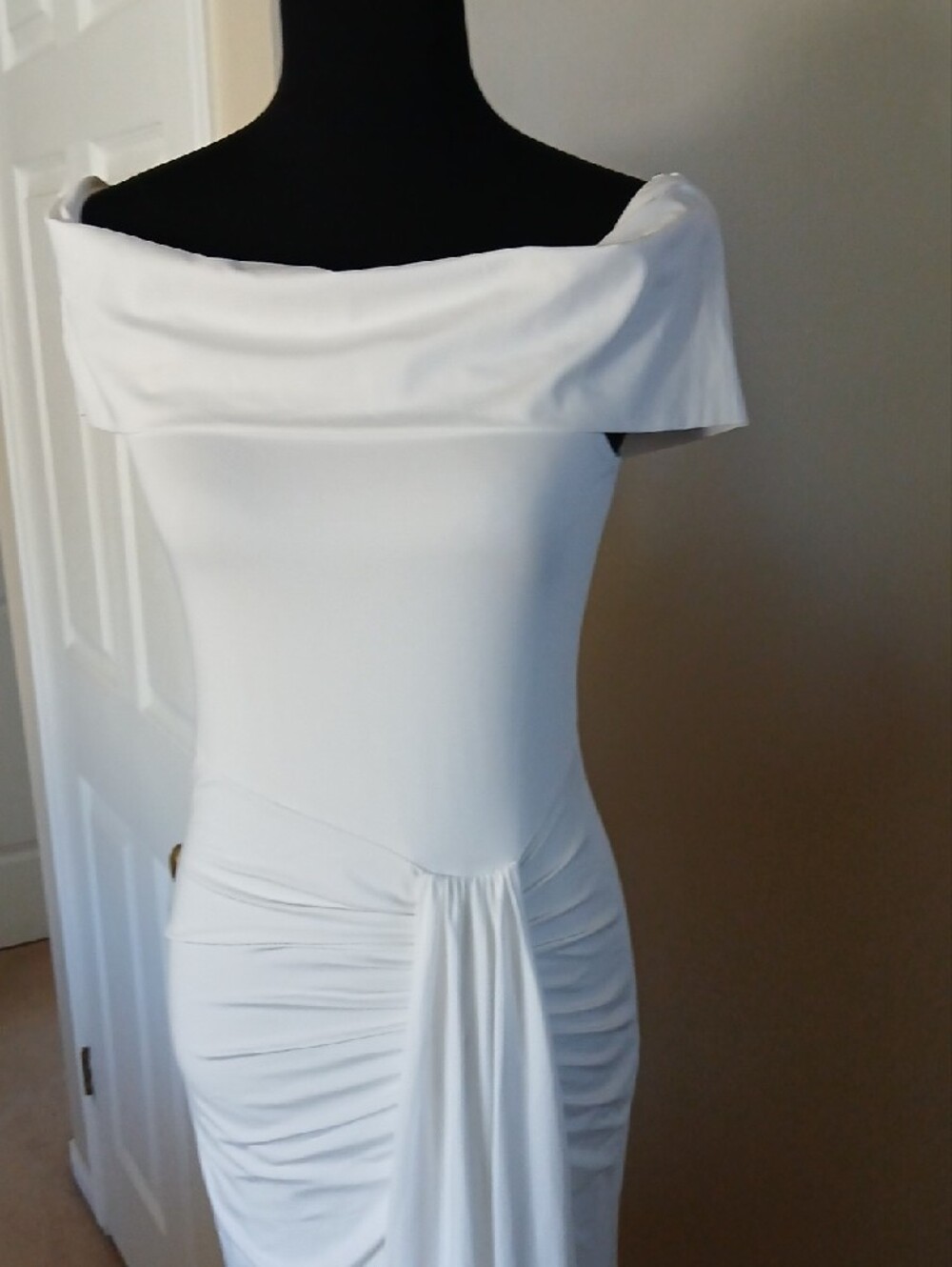 Off-Shoulder White Ruched Maxi Dress - Picture 12 of 13